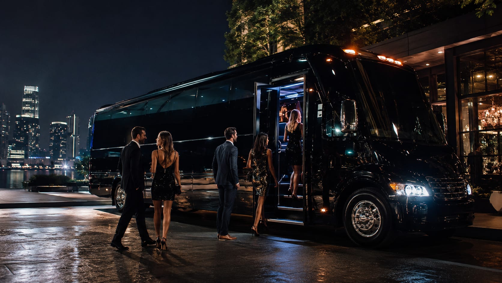Modern black party bus for birthday party transportation and luxury group celebrations