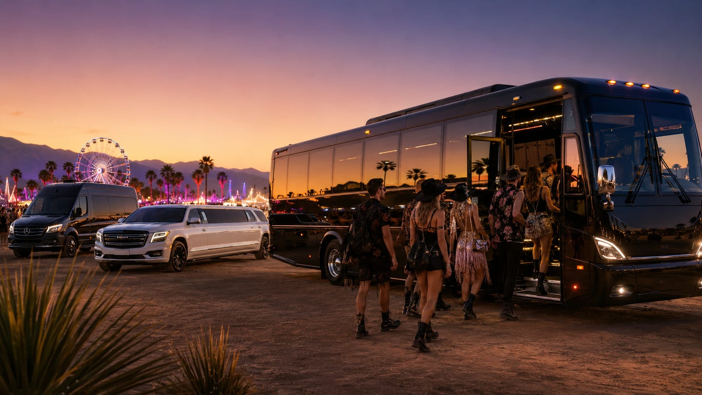 Coachella festival shuttle service with party bus, Sprinter van, and stretch limousine group transportation at sunset