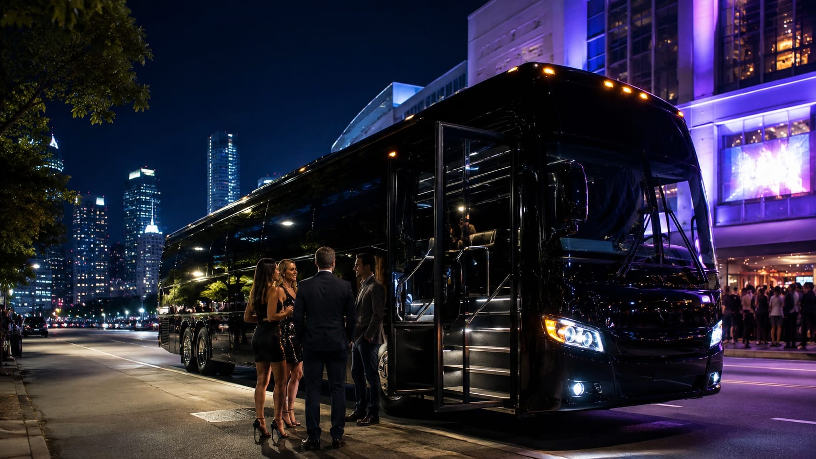 Black luxury party bus outside a city nightlife and concert venue district at night