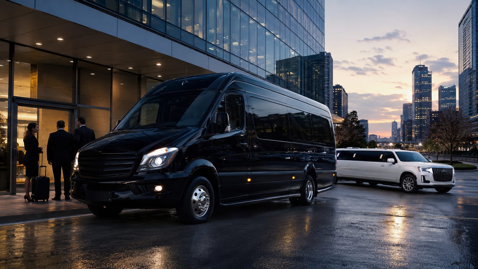 Corporate shuttle and charter bus transportation with executive Sprinter van and white limousine at a downtown business tower