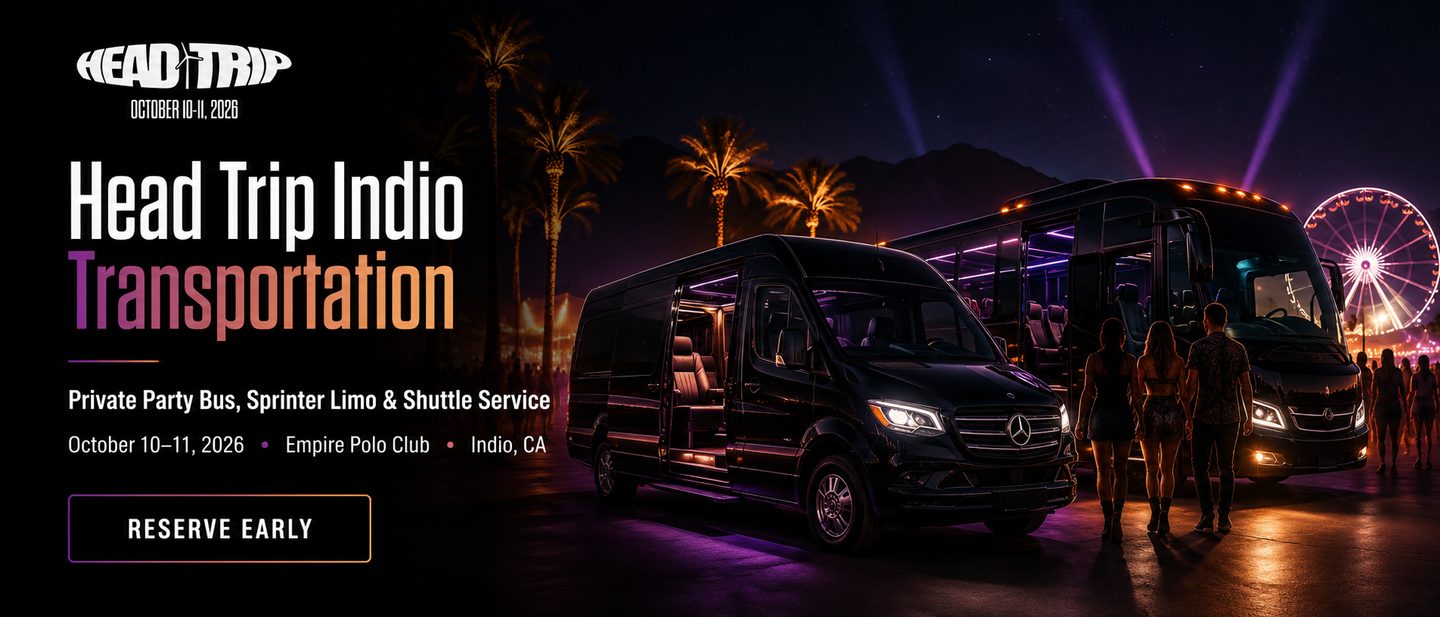 Head Trip Indio 2026 transportation banner — private party bus and Mercedes-Benz Sprinter limo arriving at Empire Polo Club at night on October 10–11, 2026, with the Head Trip logo and festival Ferris wheel in the background