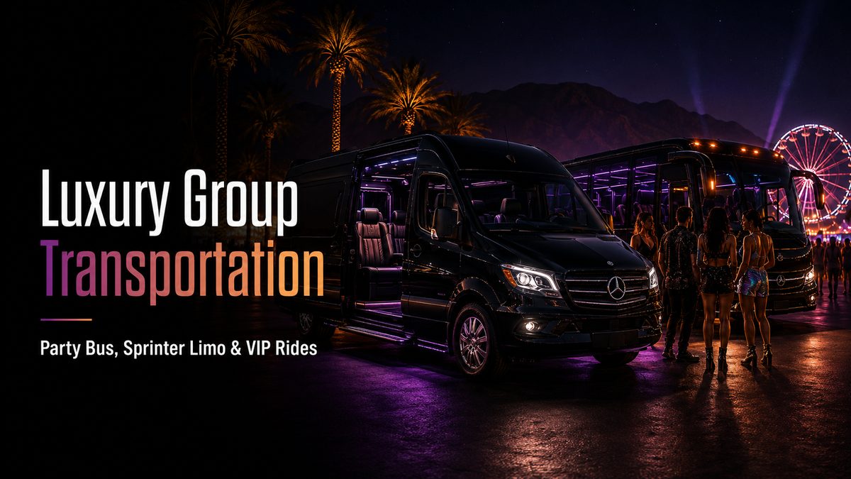 Luxury group transportation — black party bus, Mercedes-Benz Sprinter limo, and VIP rides parked at a festival with neon palm tree backdrop