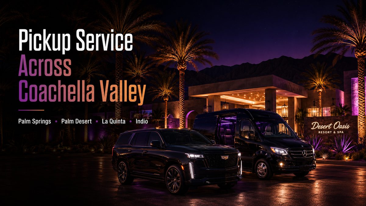 Pickup service across Coachella Valley — black SUV and Mercedes-Benz Sprinter van staged at a desert luxury resort at night for Palm Springs, Palm Desert, La Quinta, and Indio pickups