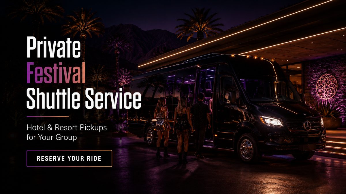 Private festival shuttle service — Mercedes-Benz Sprinter van at a luxury Coachella Valley resort entrance with hotel and resort pickup messaging