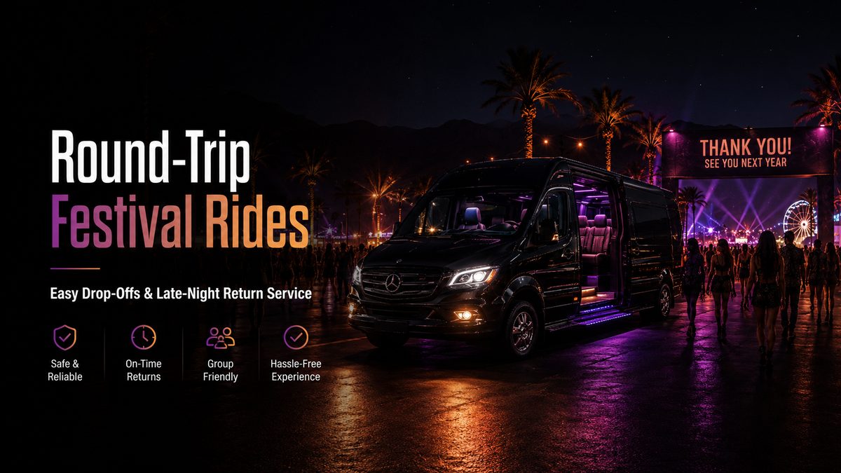 Round-trip festival rides — Mercedes-Benz Sprinter van staged at Empire Polo Club exit with thank you festival banner for late-night returns