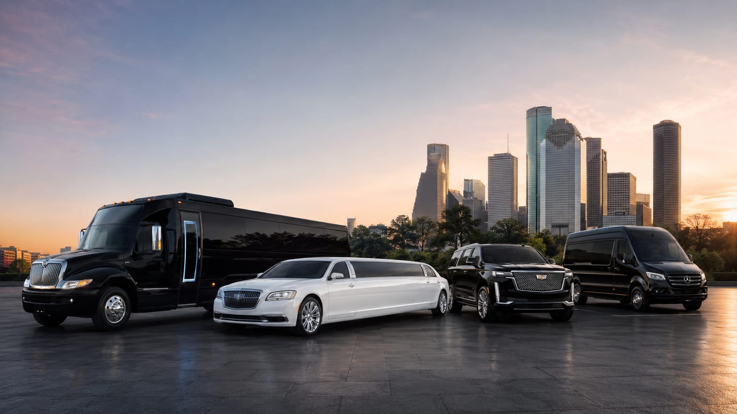 Luxury party bus, white stretch limousine, black Escalade SUV, and black Sprinter van with Houston skyline at sunset for nationwide group transportation
