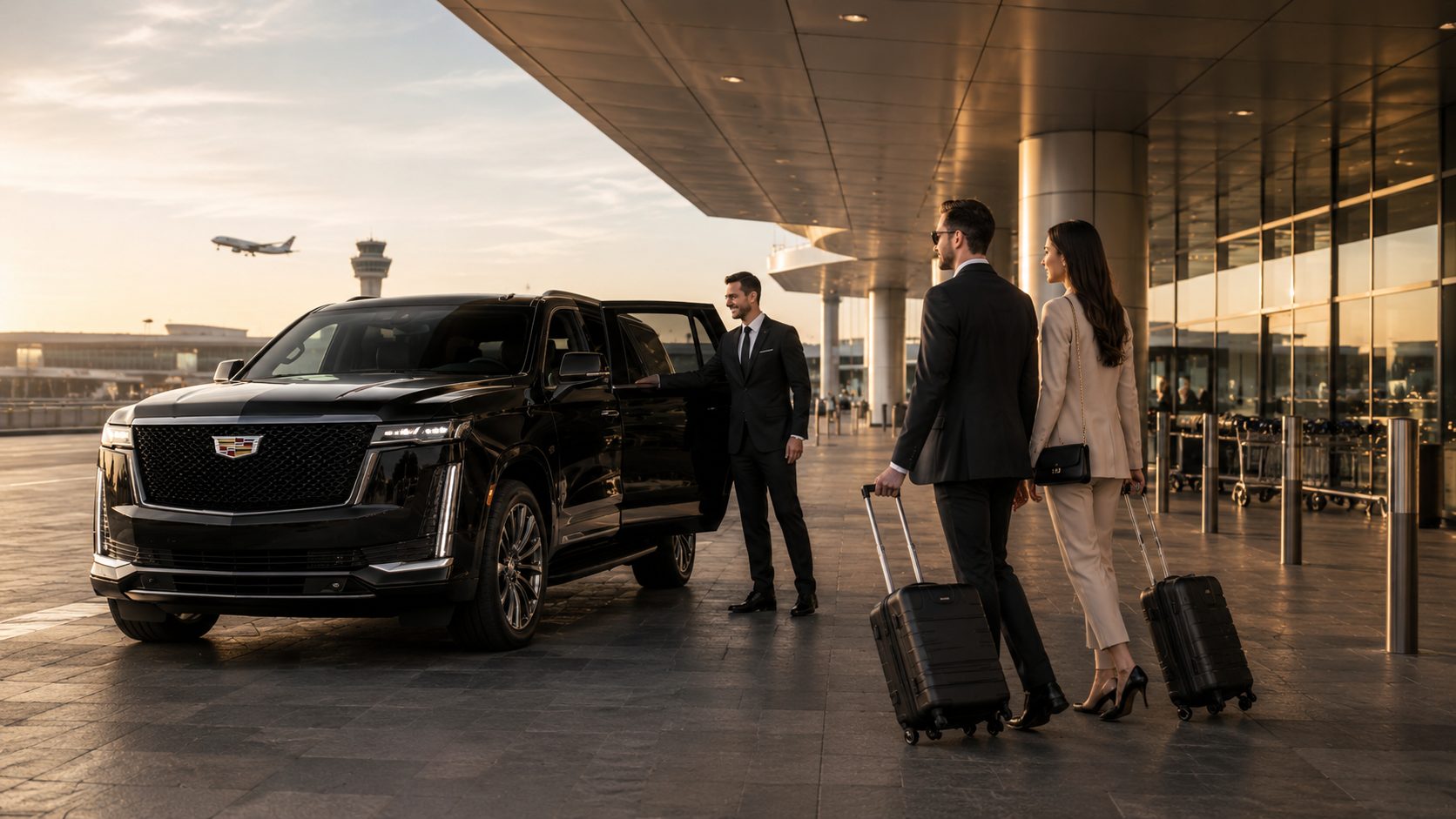 Black Cadillac Escalade-style SUV at a modern airport terminal curbside with a professional chauffeur and business travelers with luggage for private luxury SUV airport transfer service