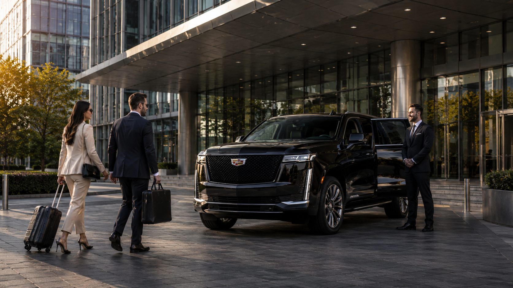 Executive black SUV service outside a sleek modern corporate office tower with a professional chauffeur and a business executive with briefcase for CEO, C-suite, and board of directors transportation