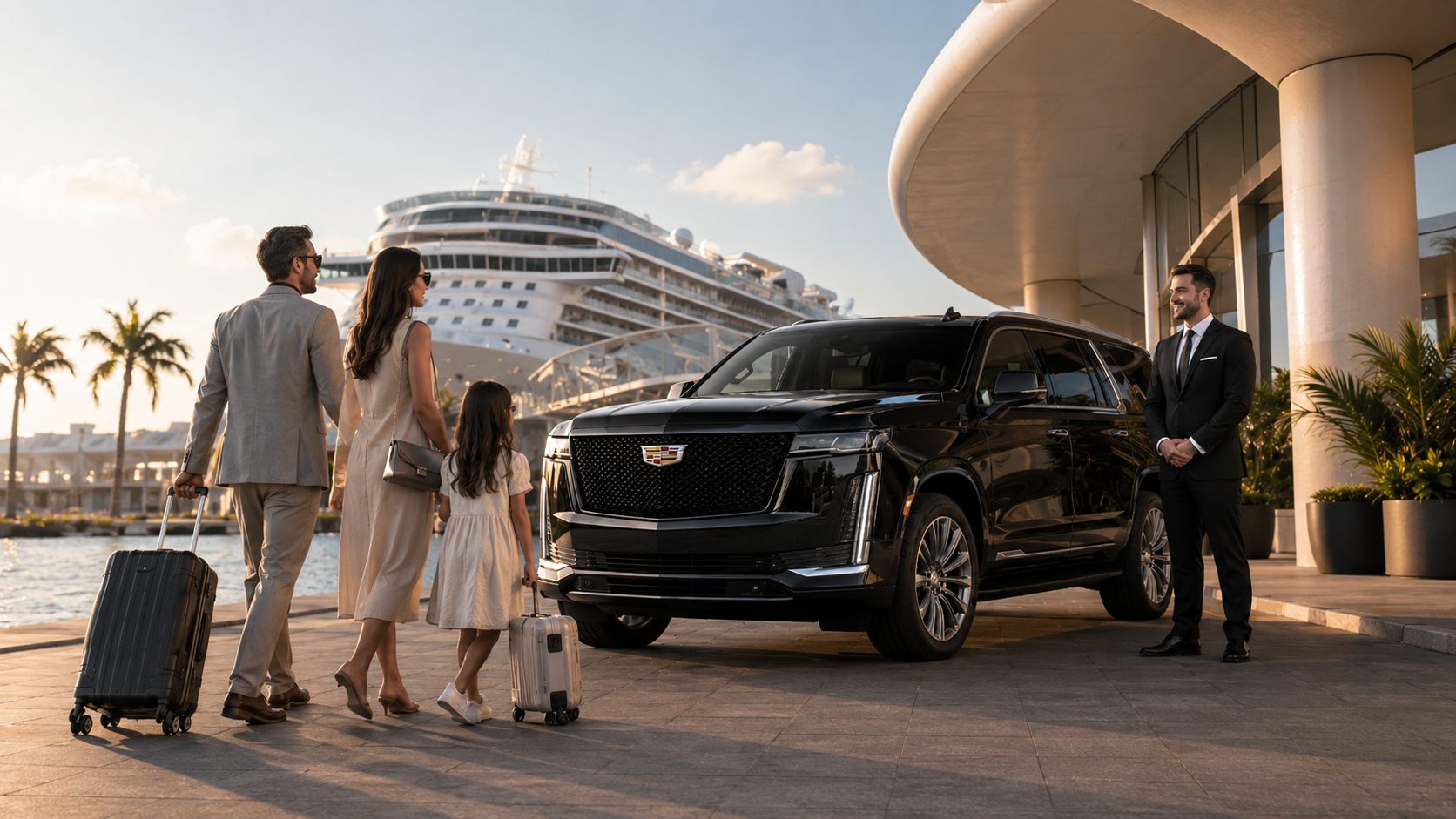 Luxury black SUV waiting at a cruise terminal with a cruise ship in the background, a chauffeur in suit, and family travelers with luggage for private cruise port transportation