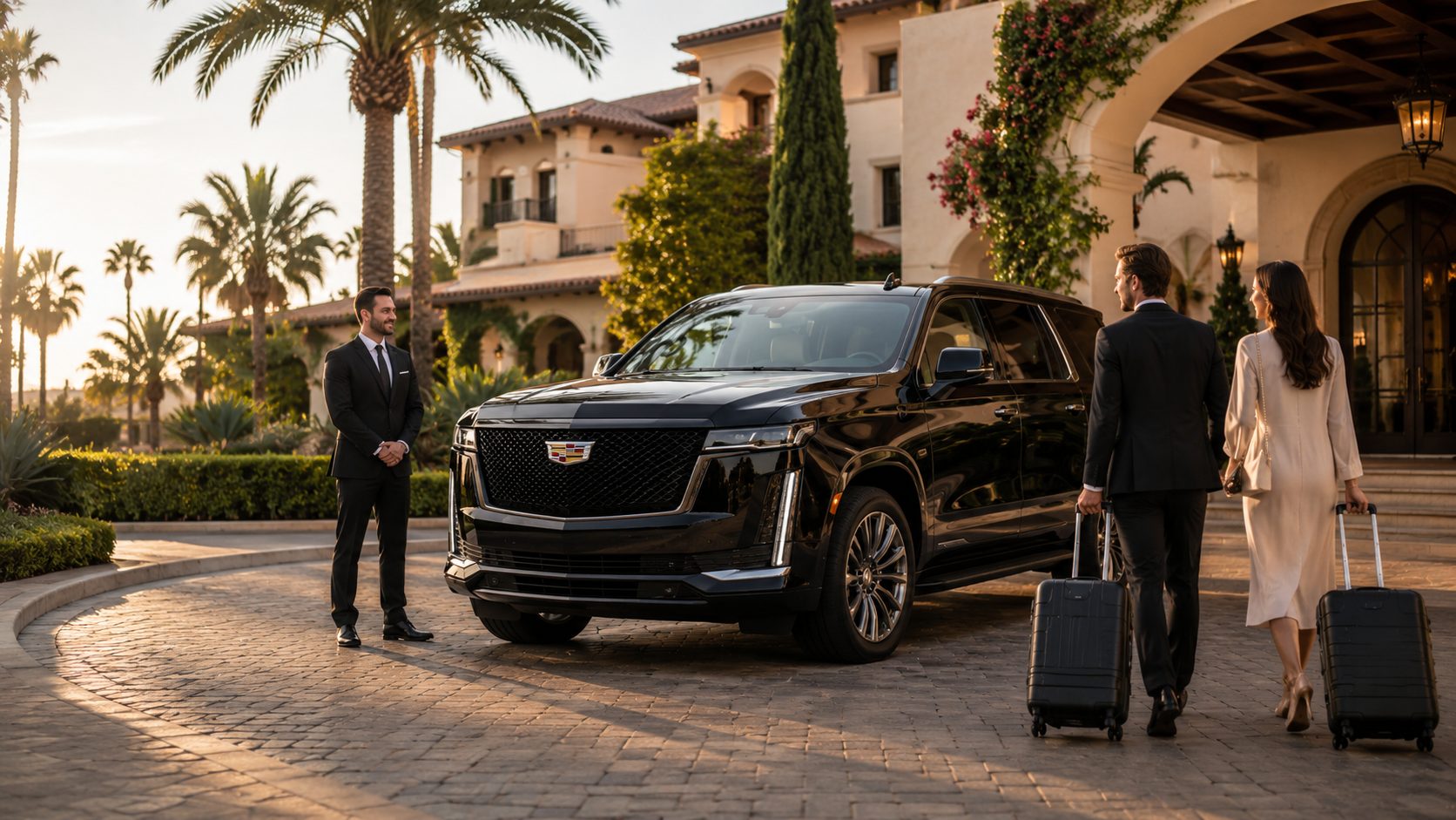 Luxury SUV transfer at a high-end resort or estate entrance with a chauffeur in suit, stylish couple with luggage, palm trees, and upscale architecture for private resort, hotel, and residence transportation