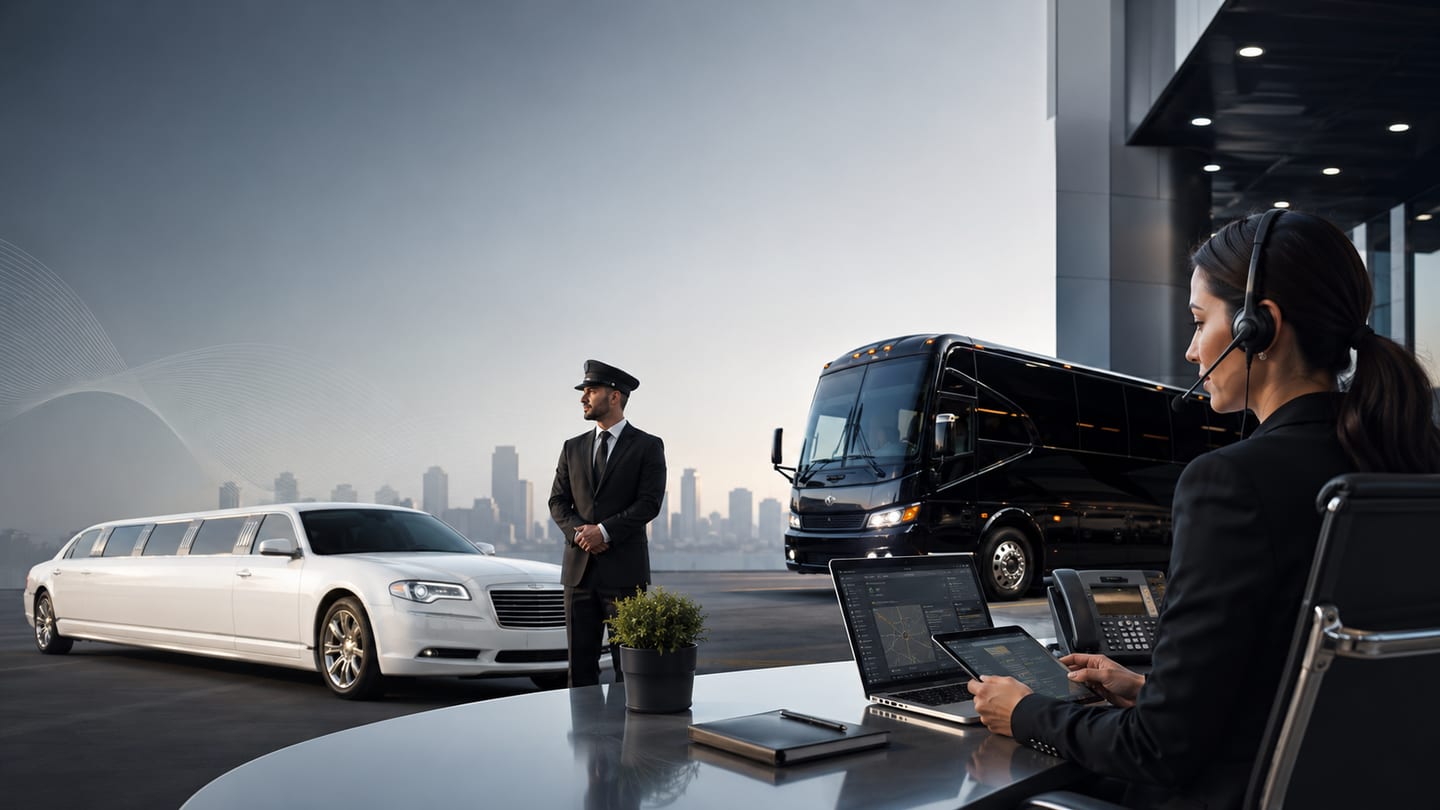 National dispatch operator in headset coordinating chauffeur, white stretch limousine, and luxury party bus from a corporate dispatch desk