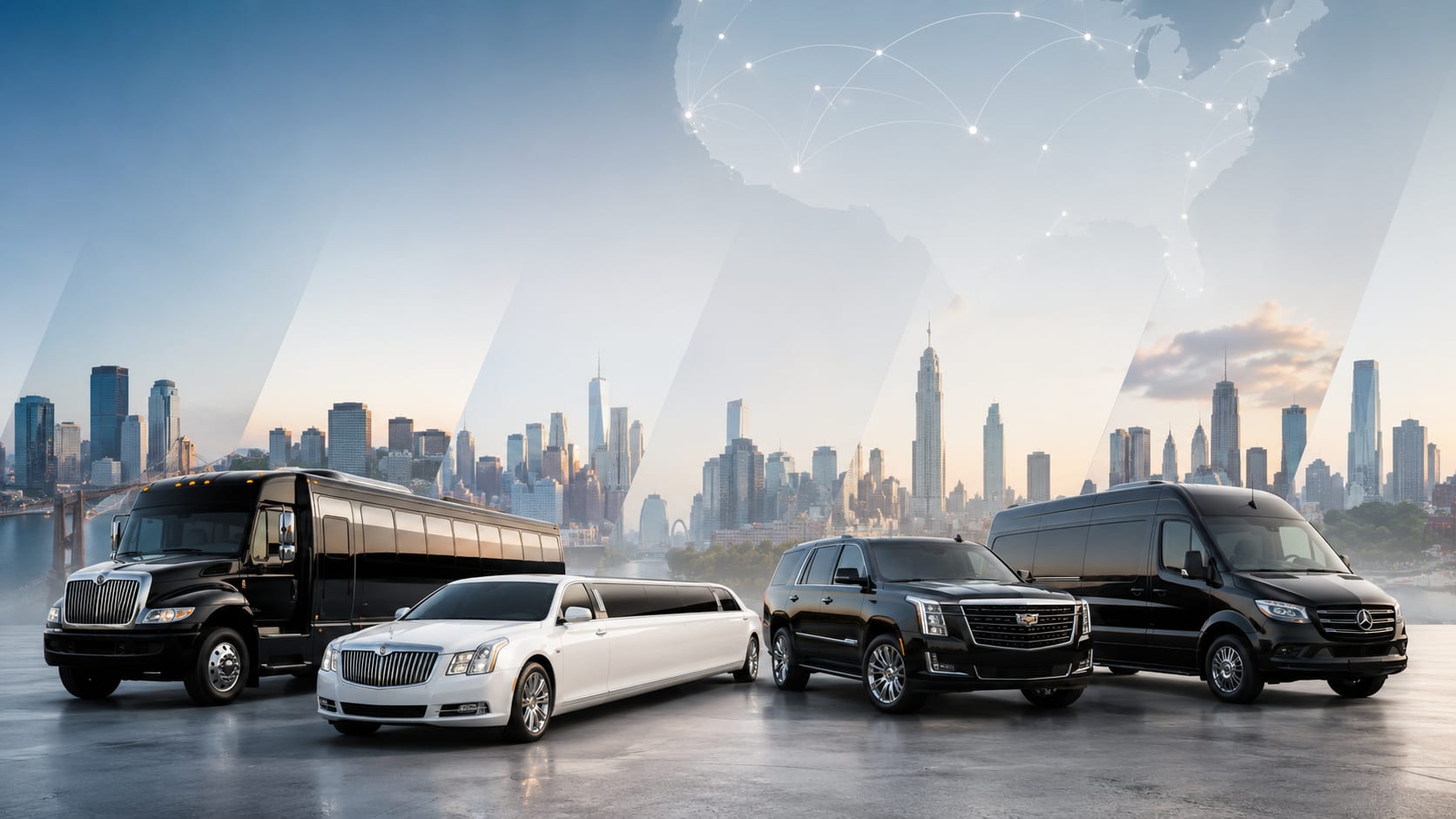 Luxury black party bus, white stretch limousine, black Escalade SUV, and black Mercedes Sprinter van in front of a U.S. skyline with a nationwide affiliate network connection map overlay