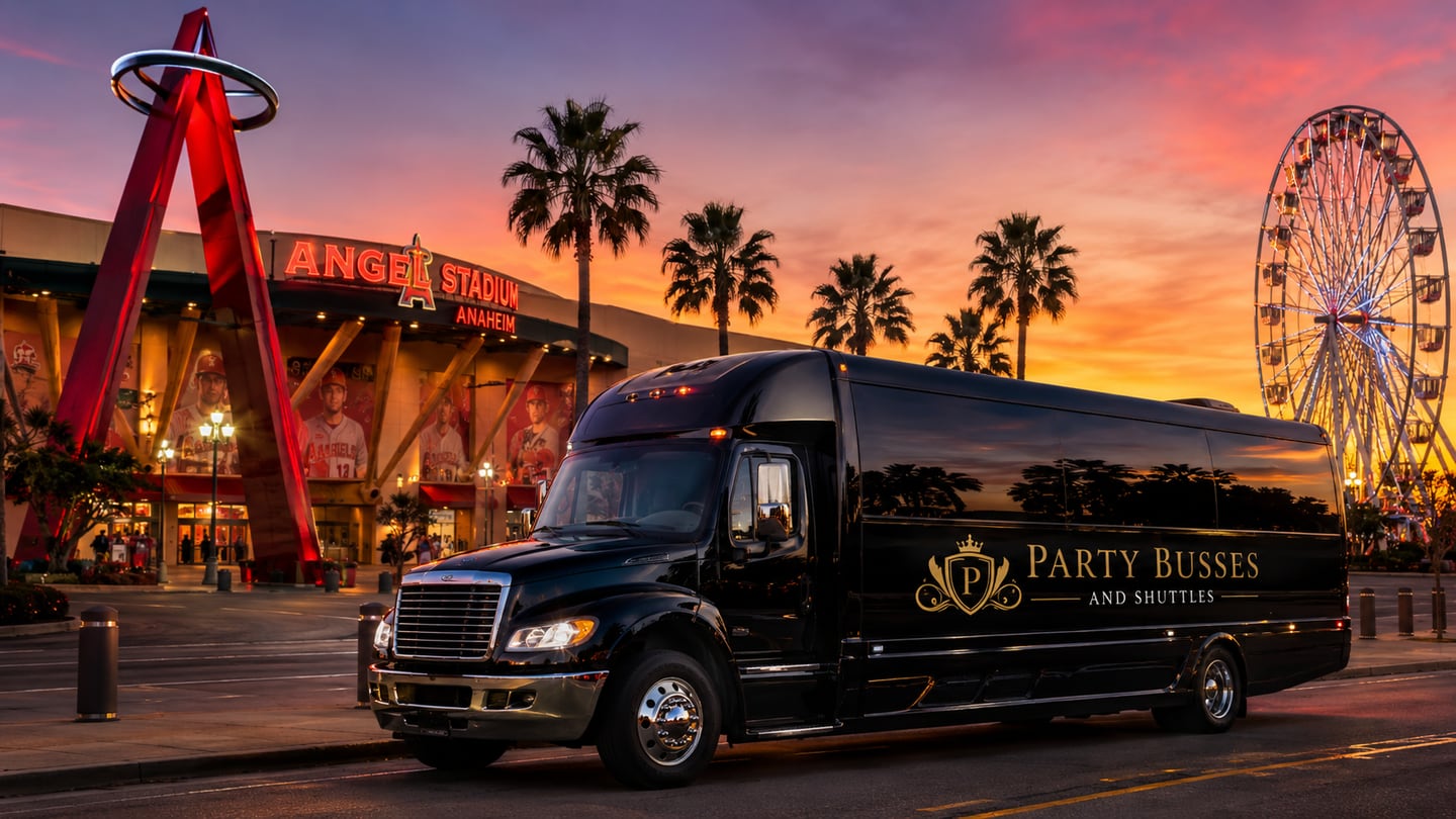 Luxury black party bus parked outside Angel Stadium Anaheim at sunset with the iconic red Angels halo, palms, and Ferris wheel behind — Anaheim party bus and limo service for theme park events, Angels games, weddings, proms, and group transportation