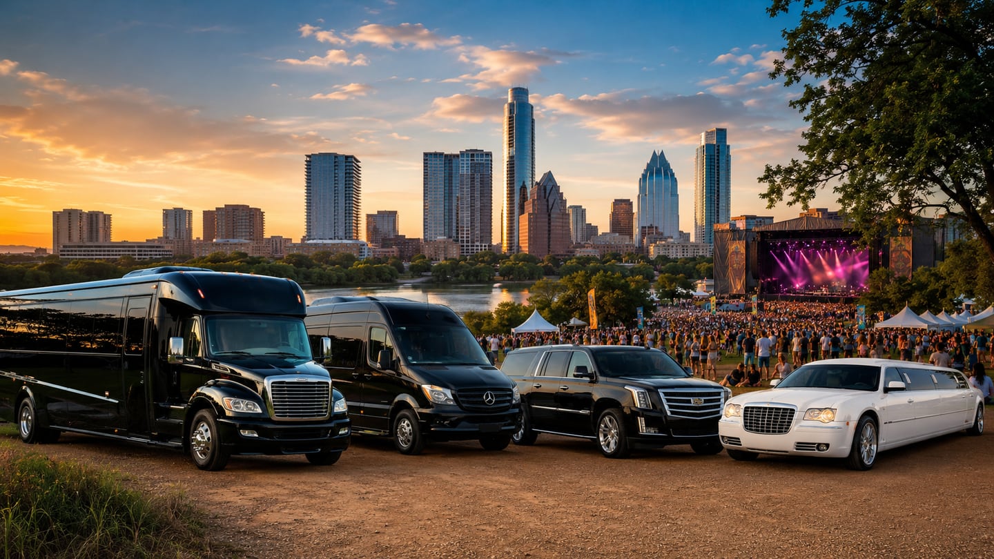 Luxury black party bus, black Sprinter shuttle, black SUV, and white stretch limousine for Austin City Limits transportation near Zilker Park in Austin