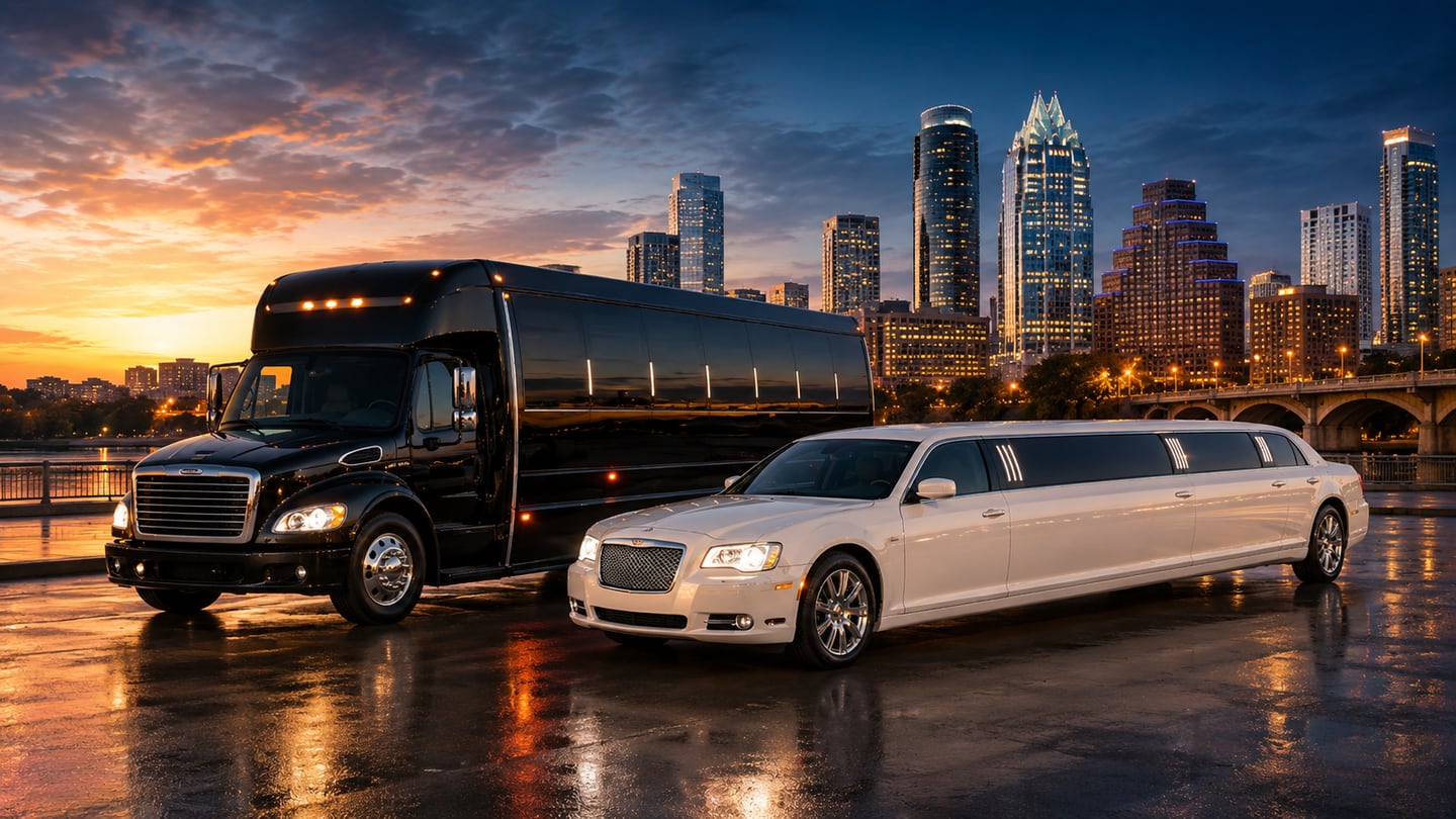 Black luxury party bus and white stretch limousine on a wet plaza at twilight with the Austin skyline behind — Frost Bank Tower and Independent visible — Austin party bus and limo service
