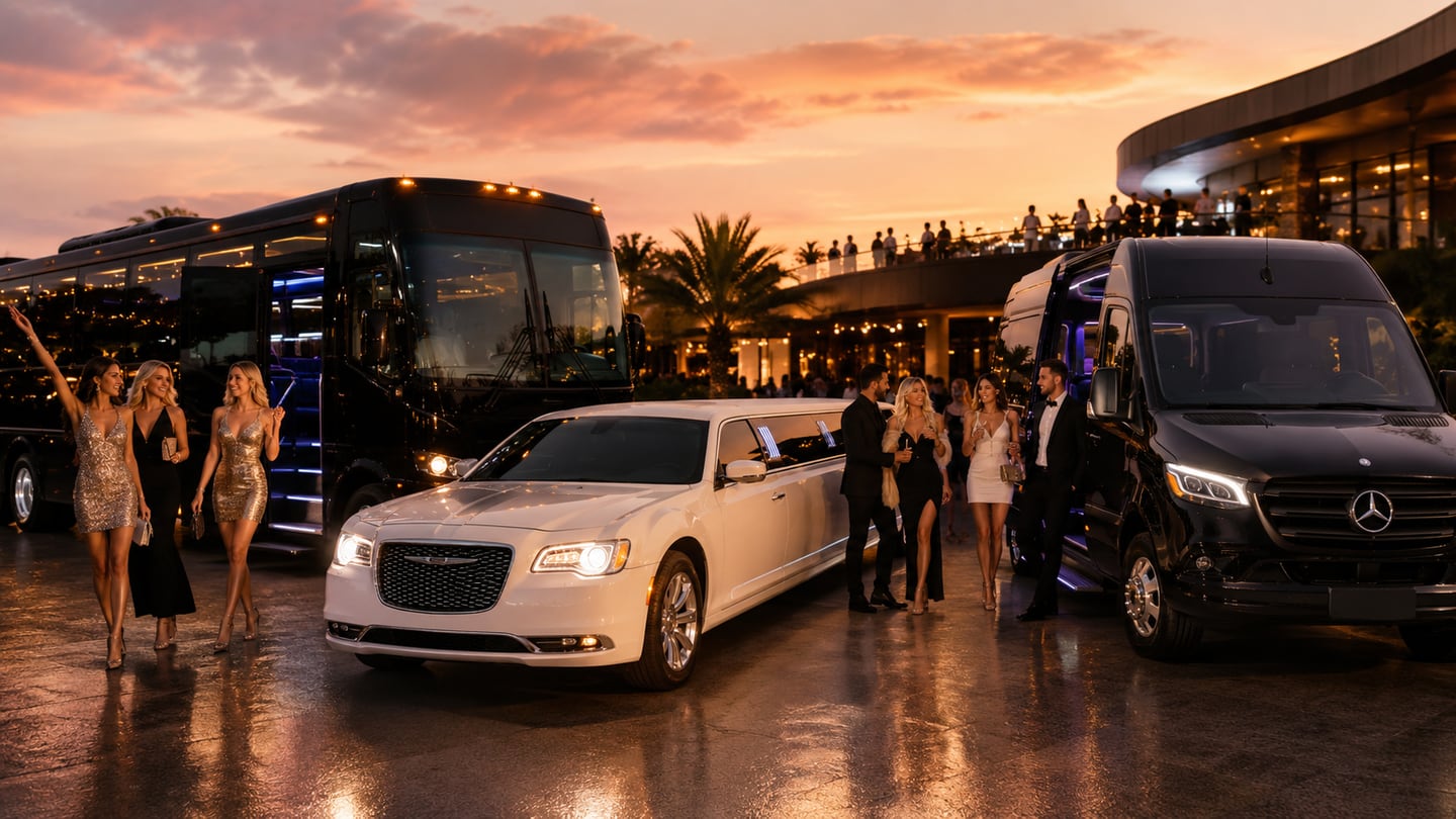 Luxury black party bus, white stretch Chrysler 300 limousine, and black Mercedes-Benz Sprinter at golden hour outside an upscale rooftop celebration venue with elegant, well-dressed guests arriving — shared bachelor and bachelorette party transportation hero for nightlife, airport arrivals, weddings, and private celebration transportation