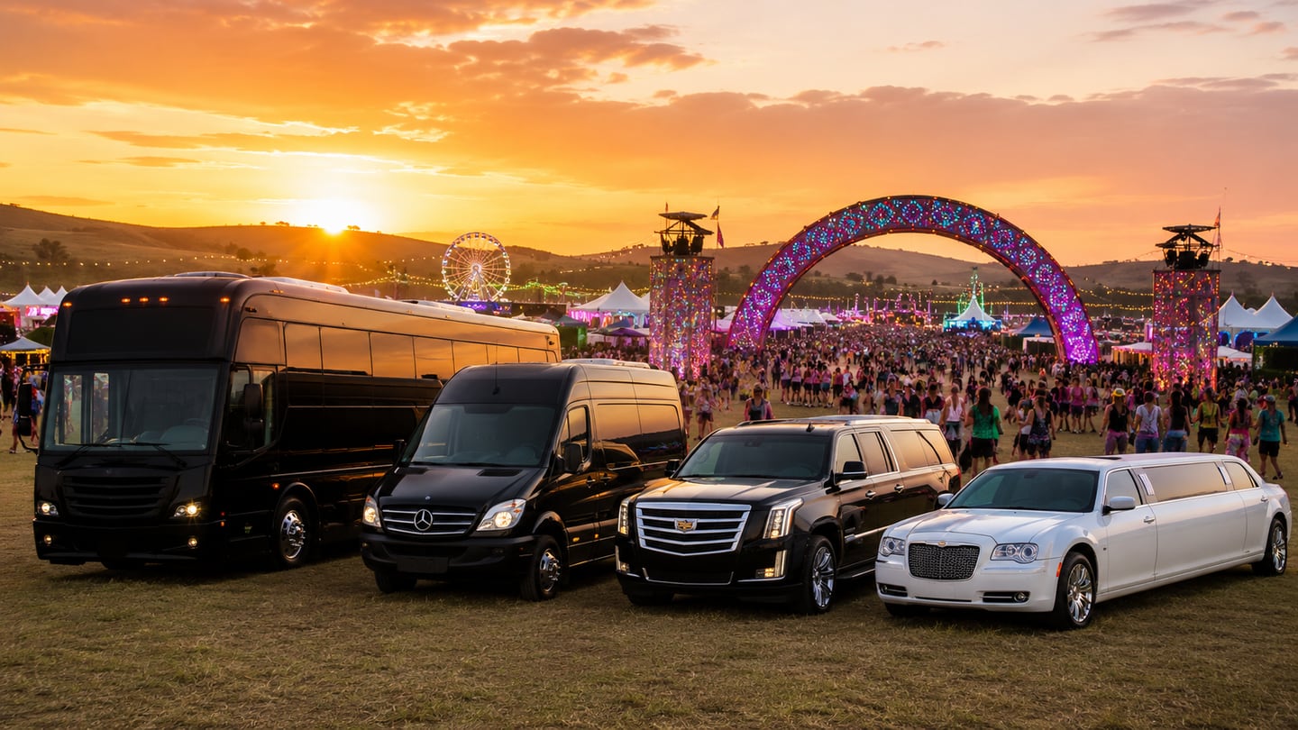 Luxury black party bus, black Mercedes Sprinter shuttle, black Cadillac Escalade SUV, and white stretch limousine for Bonnaroo Music & Arts Festival transportation at the Manchester Tennessee farm