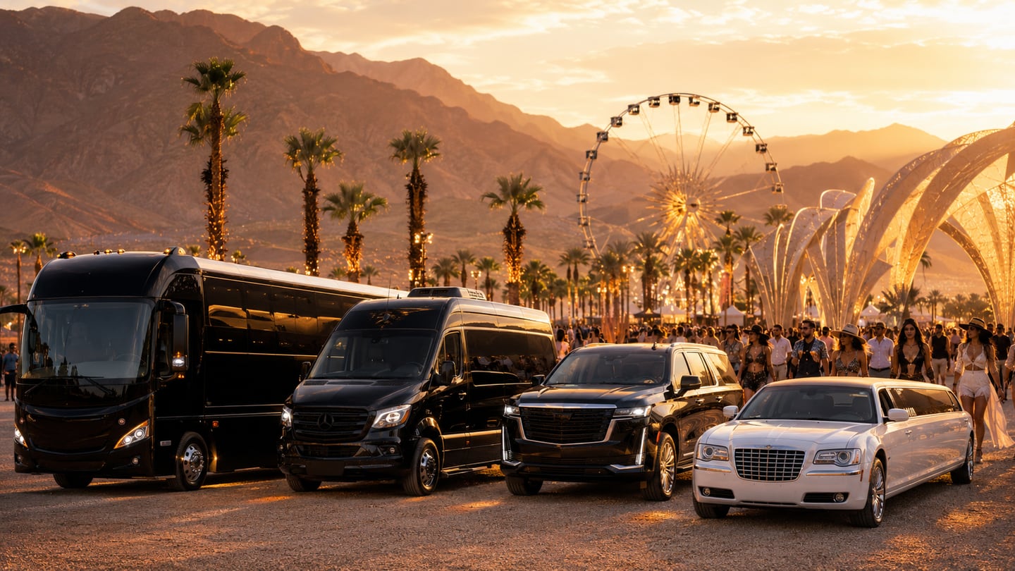 Luxury black party bus, black Sprinter shuttle, black SUV, and white stretch limousine for Coachella transportation in Indio and the Coachella Valley