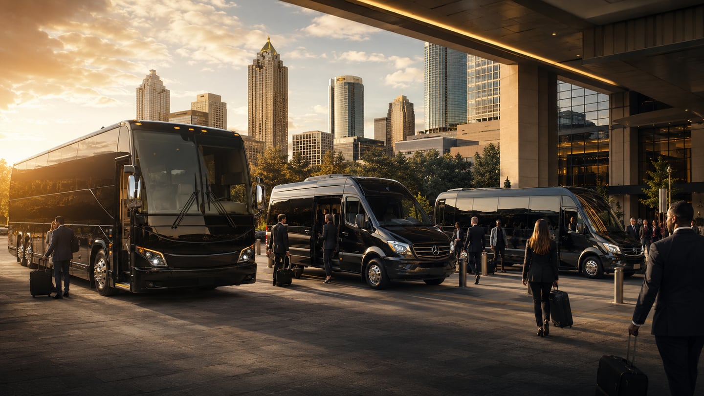Executive black Mercedes-Benz Sprinter van and white luxury motor coach staged at the Georgia World Congress Center in downtown Atlanta for convention, trade-show, and association-meeting transportation