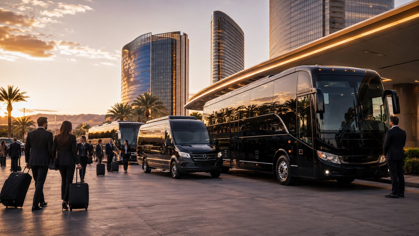 Executive black Mercedes-Benz Sprinter van and white luxury motor coach staged at the Las Vegas Convention Center West Hall entrance for CES, MAGIC, NAB, and convention transportation