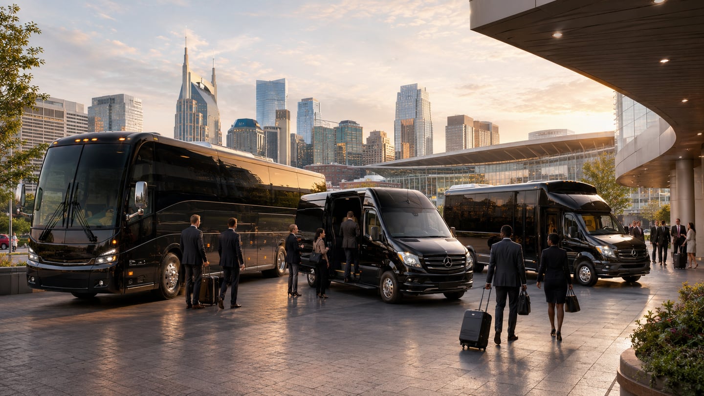 Executive black Mercedes-Benz Sprinter van and white luxury motor coach staged at Music City Center entrance in downtown Nashville for medical, healthcare, and trade-association convention transportation