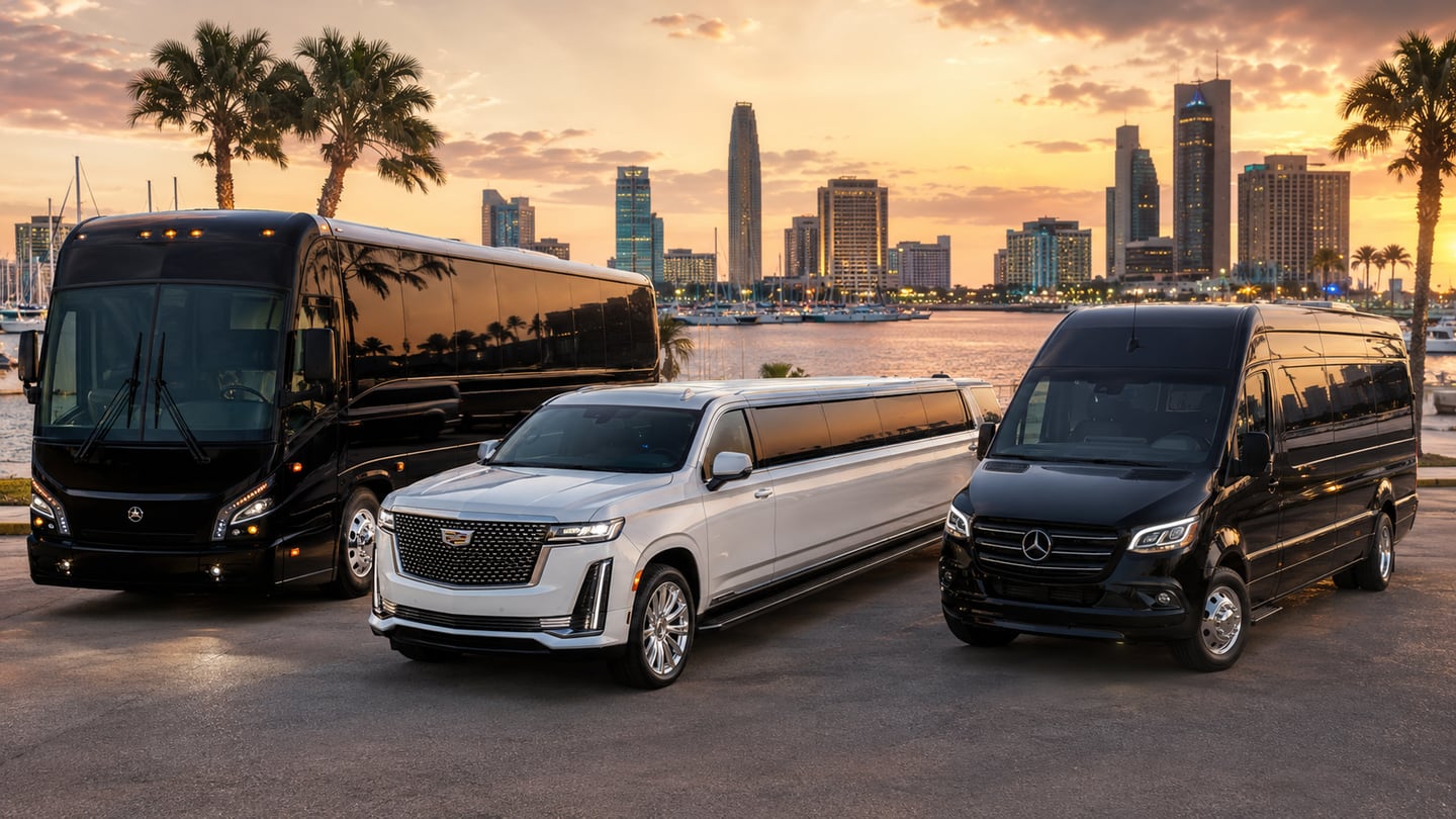 Black coach-style party bus, white modern stretch limousine, and executive Mercedes Sprinter staged at golden hour on the Corpus Christi bayfront with the downtown skyline, sailboat marina, and South Texas palms behind — Corpus Christi party bus and limo service for Coastal Bend weddings, quinceañeras, CRP airport transfers, USS Lexington and aquarium group events, and Port Aransas weekend transportation