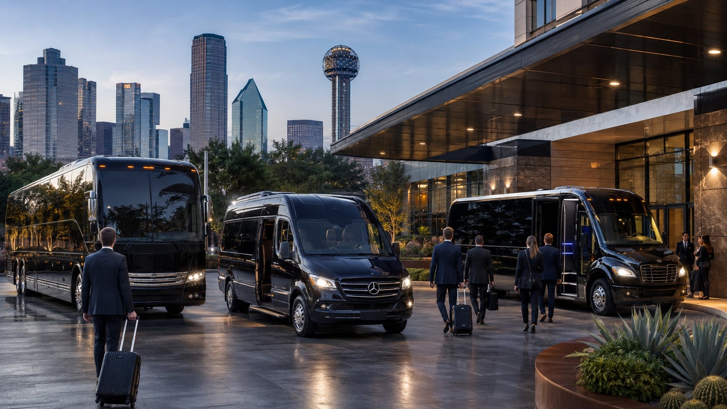 Black corporate charter bus, executive Mercedes-Benz Sprinter van, and midsize black shuttle bus staged outside a downtown Dallas hotel at dusk with the Reunion Tower and downtown skyline behind for Kay Bailey Hutchison Convention Center and DFW airport group transportation