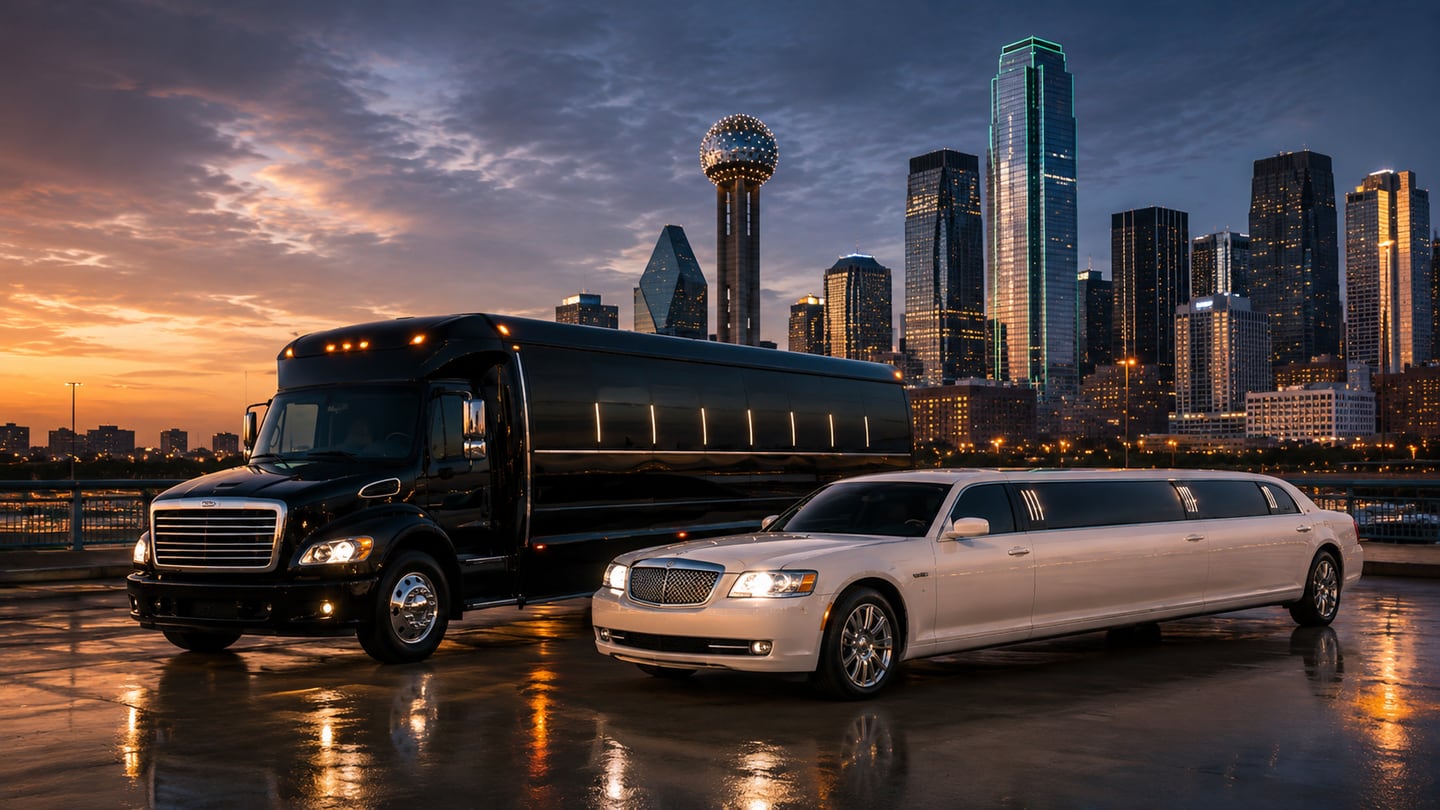 Black luxury party bus and white stretch limousine parked at twilight against the downtown Dallas skyline with the illuminated Reunion Tower — Dallas party bus and limo service