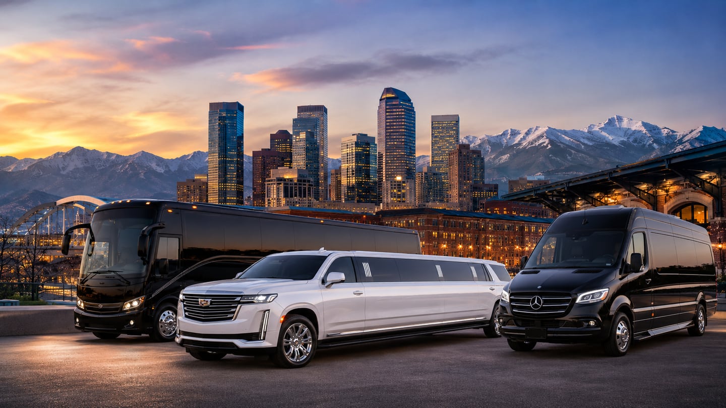 Black coach-style party bus, white stretch limousine, and black Mercedes Sprinter parked at golden hour with the Denver downtown skyline and snow-capped Rocky Mountains behind — Denver party bus and limo service