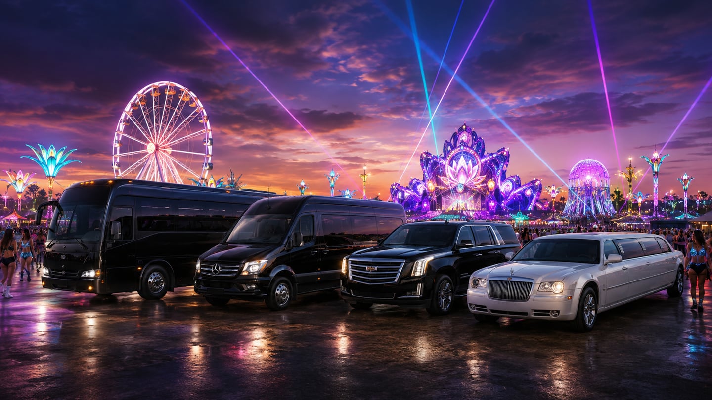 Luxury black party bus, black Sprinter shuttle, black SUV, and white stretch limousine for EDC Las Vegas transportation to Las Vegas Motor Speedway