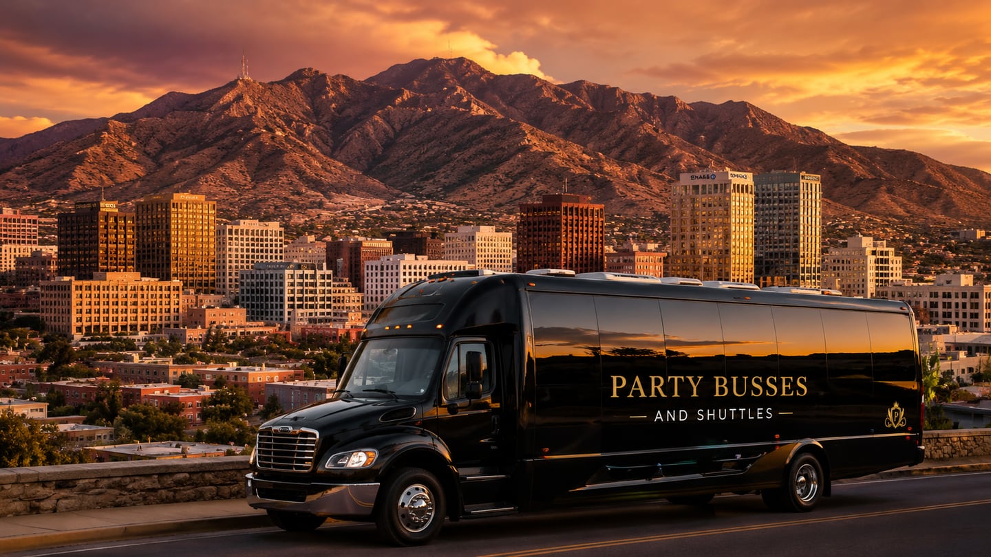 Luxury black party bus on a downtown El Paso road at sunset with the Franklin Mountains and El Paso skyline behind — El Paso party bus and limo service for quinceañeras, weddings, Fort Bliss arrivals, ELP airport transfers, and group events