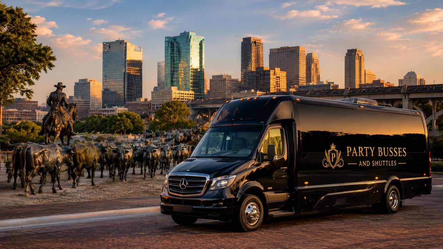 Luxury black Mercedes Sprinter party bus on a brick road at golden hour with the downtown Fort Worth skyline and the bronze cattle drive cowboy heritage sculpture behind — Fort Worth party bus and limo service near the Stockyards for weddings, rodeo events, concerts, airport transfers, and private group transportation