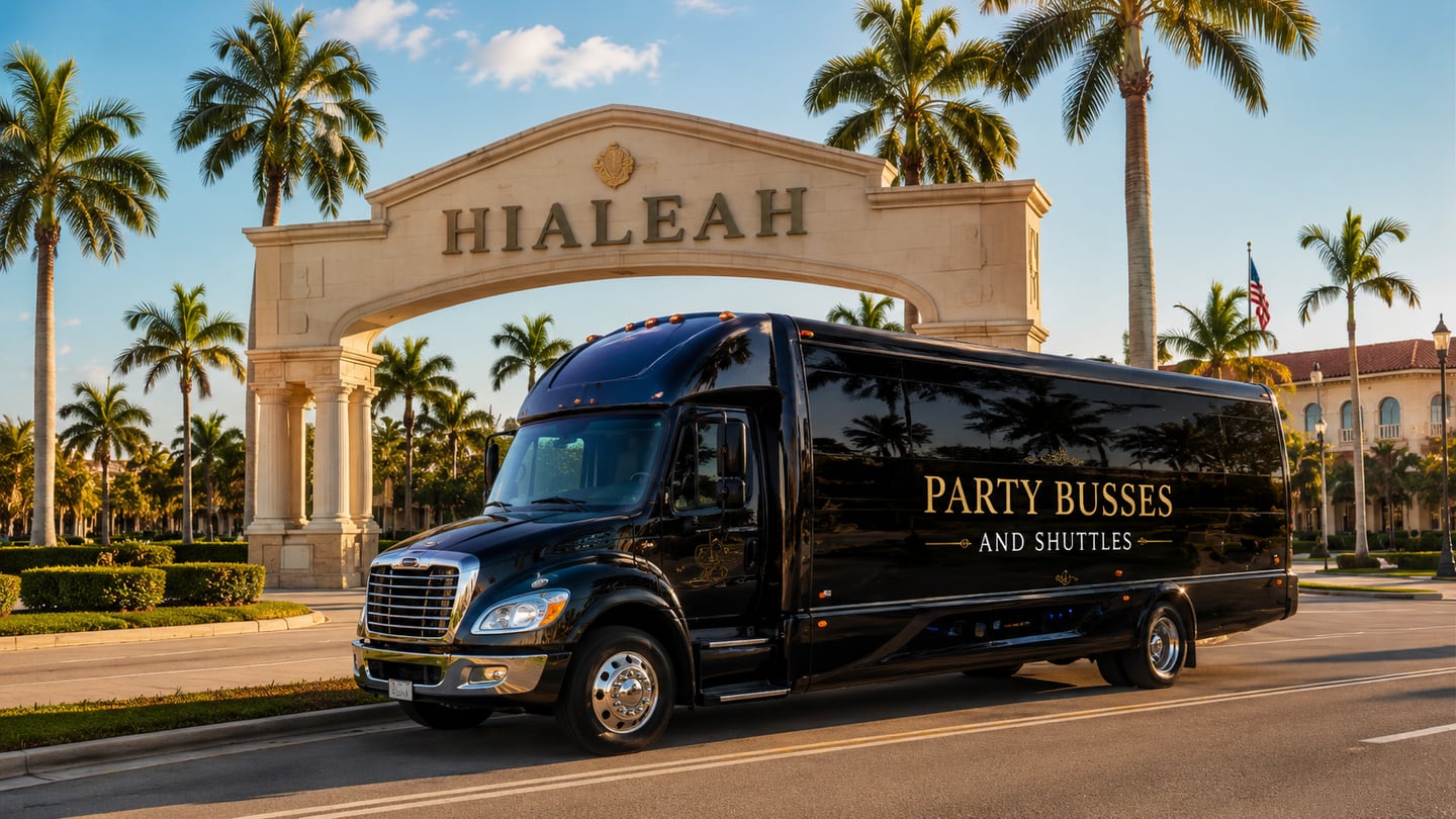 Luxury black party bus passing under the iconic Hialeah arch flanked by Florida palms with American flag behind — Hialeah party bus and limo service for bilingual family events, quinceañeras, weddings, MIA airport arrivals, and South Florida celebrations