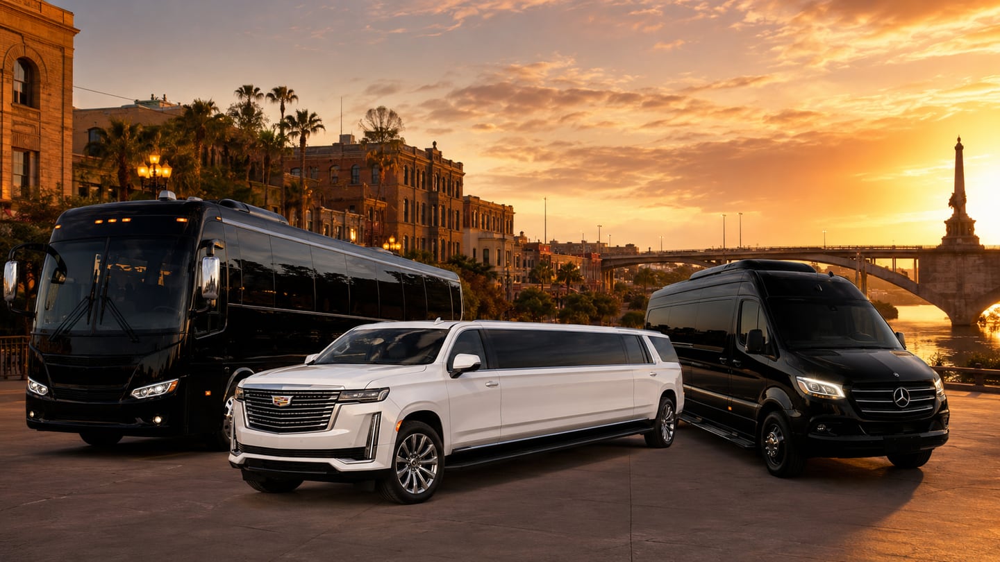 Black coach-style party bus, white modern stretch limousine, and executive Mercedes Sprinter staged at sunset with the historic downtown Laredo skyline, Spanish-colonial facades, the international bridge, and a memorial column behind — Laredo party bus and limo service for bilingual border-city quinceañeras, weddings, LRD airport transfers, TAMIU events, and bi-national family arrivals