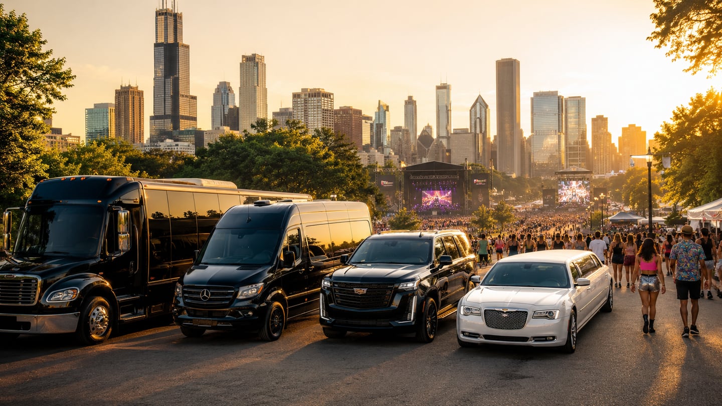 Luxury black party bus, black Sprinter shuttle, black SUV, and white stretch limousine for Lollapalooza transportation near Grant Park in Chicago