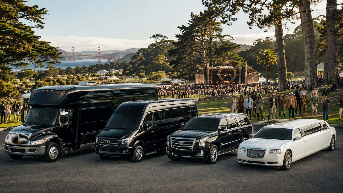 Luxury black party bus, black Mercedes Sprinter shuttle, black SUV, and white stretch limousine for New Orleans Jazz & Heritage Festival transportation in NOLA