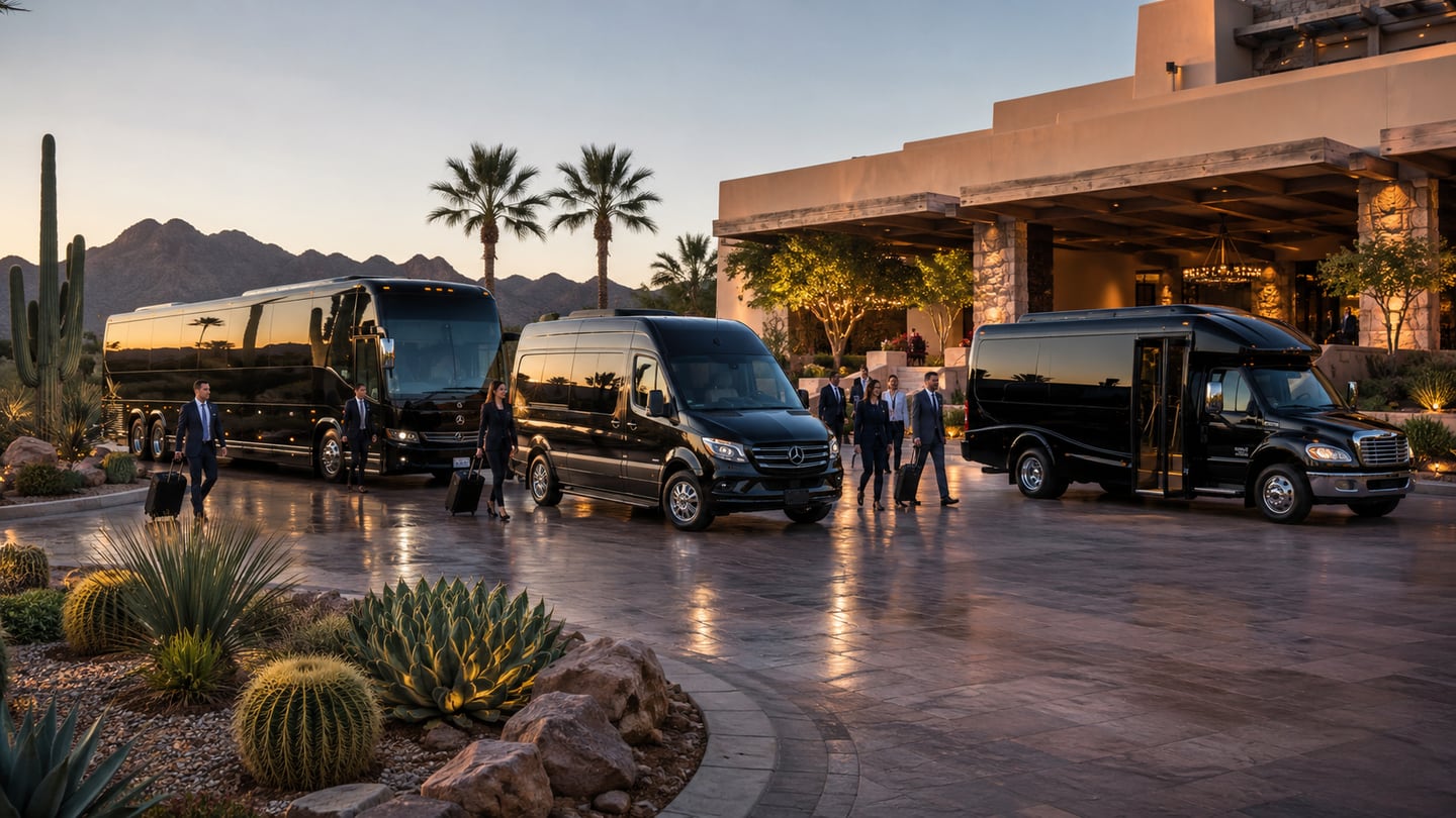 Black corporate charter bus, executive Mercedes-Benz Sprinter van, and midsize black shuttle bus staged at a Scottsdale-style Sonoran-desert resort porte-cochère at sunset with saguaro cactus, agave, palm trees, and the desert mountain silhouette behind for Phoenix Convention Center and PHX airport group transportation