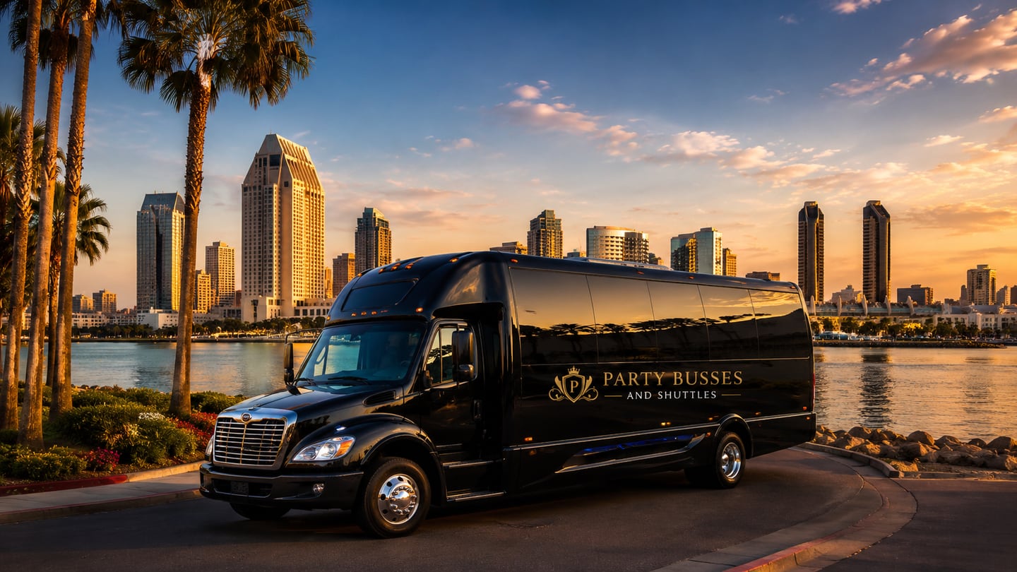 Luxury black party bus on the San Diego Embarcadero waterfront at golden hour with downtown skyline and palm trees — San Diego party bus and limo service for weddings, SAN airport transfers, Gaslamp nightlife, concerts, and private group events