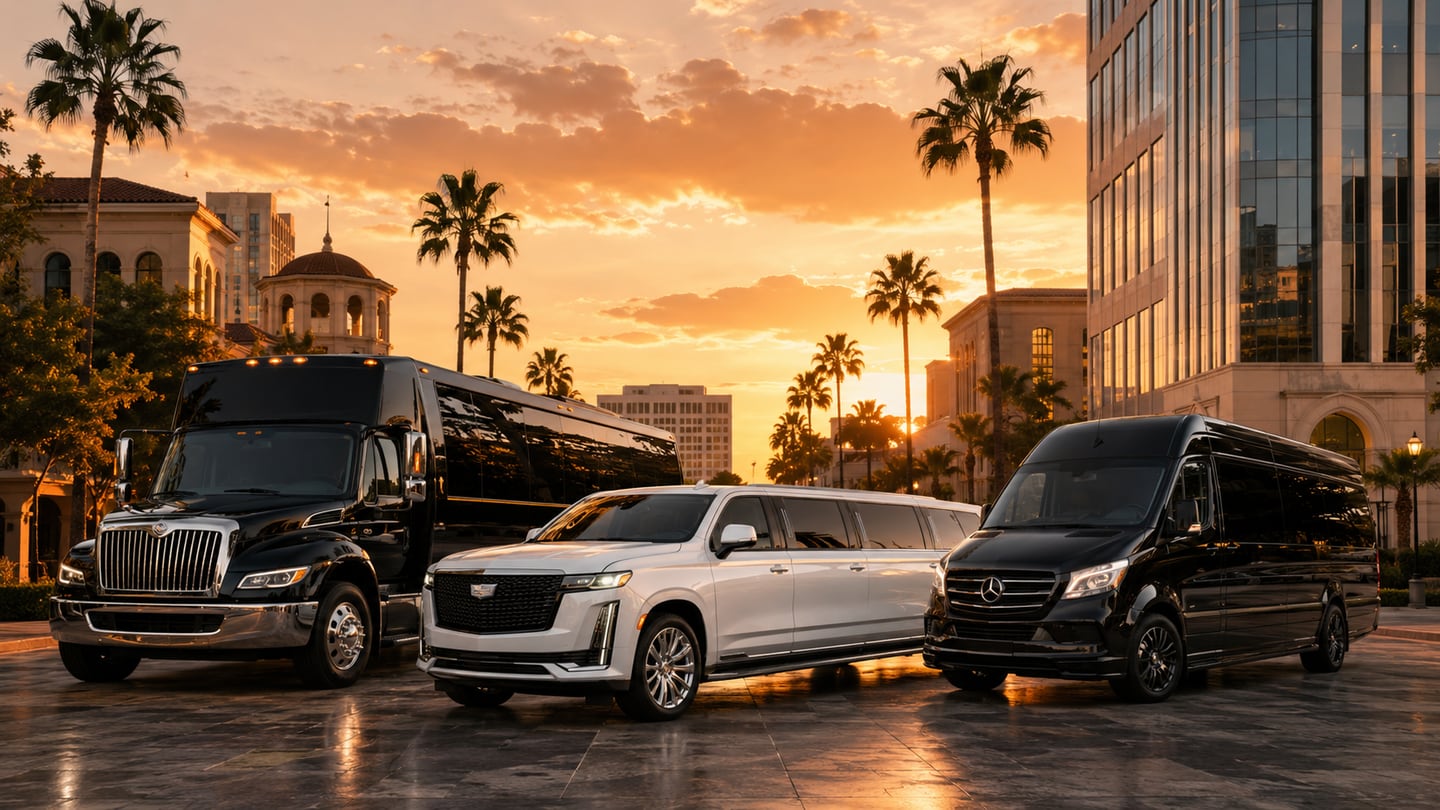 Black coach-style party bus, white modern stretch limousine, and executive Mercedes Sprinter staged at golden hour with the downtown Santa Ana skyline and Orange County palms behind — Santa Ana party bus and limo service for bilingual quinceañeras, 4th Street downtown weddings, SNA John Wayne airport transfers, and Orange County group transportation