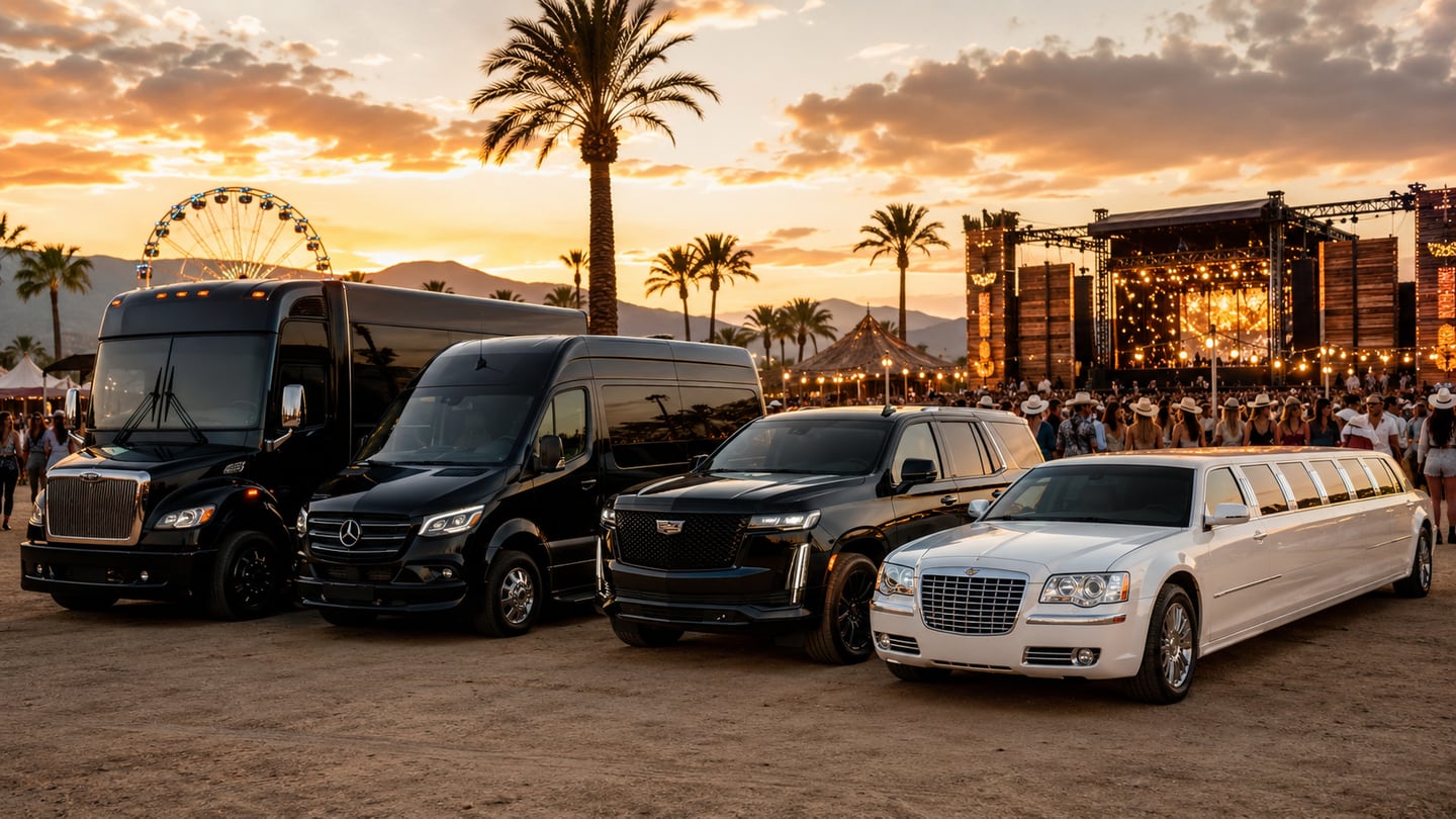 Luxury black party bus, black Sprinter shuttle, black SUV, and white stretch limousine for Stagecoach Festival transportation in Indio and the Coachella Valley