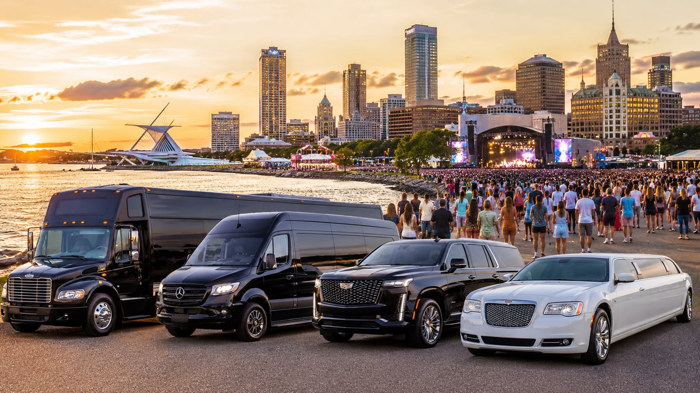 Luxury black party bus, black Mercedes Sprinter shuttle, black Cadillac Escalade SUV, and white stretch limousine for Summerfest transportation at the Milwaukee lakefront Henry Maier Festival Park