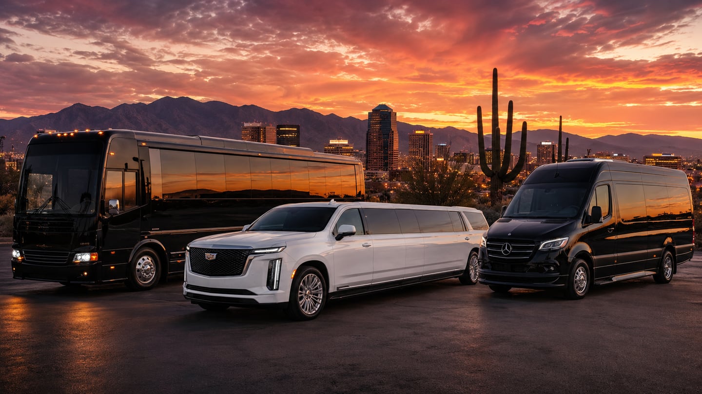 Black coach-style party bus, white modern stretch limousine, and executive Mercedes Sprinter staged at sunset with the downtown Tucson skyline, Santa Catalina Mountains, and Sonoran Desert saguaro cacti behind — Tucson party bus and limo service for bilingual Sonoran-region weddings, quinceañeras, TUS airport transfers, University of Arizona events, and Saguaro National Park luxury group tours