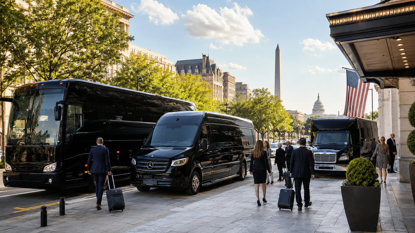 Black corporate charter bus, executive Mercedes-Benz Sprinter van, and midsize black shuttle bus staged outside a downtown Washington DC hotel with the Washington Monument, the U.S. Capitol dome, and a U.S. flag behind for Walter E. Washington Convention Center and DCA / IAD / BWI airport group transportation