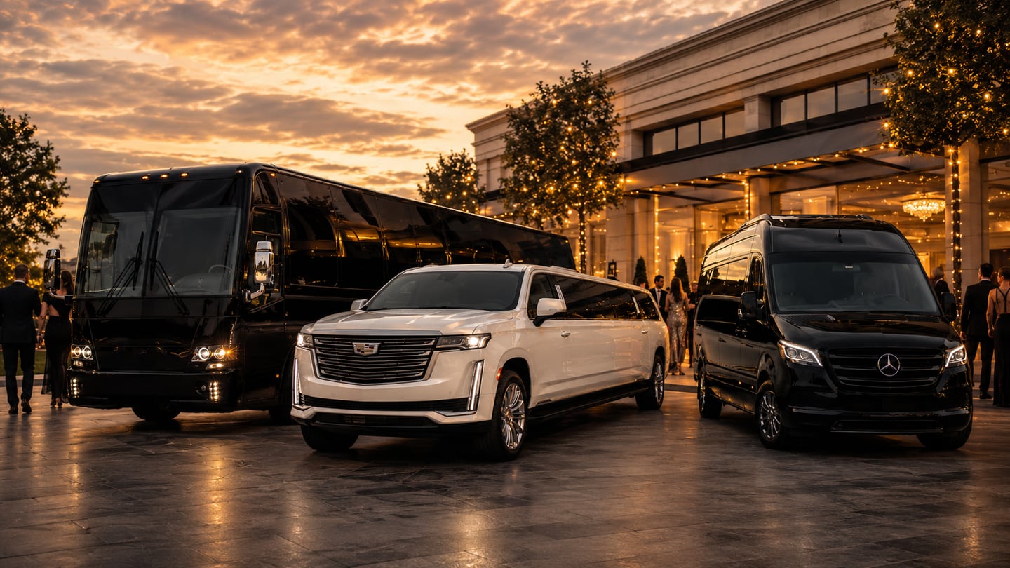 Luxury black party bus, white Cadillac Escalade stretch limousine, and black Mercedes Sprinter staged at golden hour outside a premium event venue with elegant, well-dressed guests arriving for a celebration — universal luxury celebration hero for weddings, quinceañeras, proms, airport transfers, and private group transportation