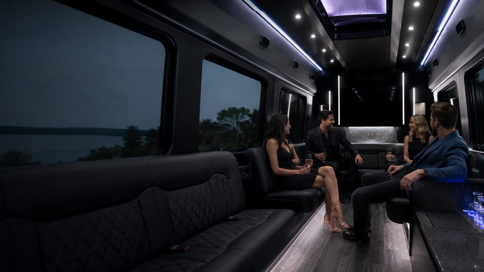 Modern luxury party bus interior with leather seating and ambient lighting