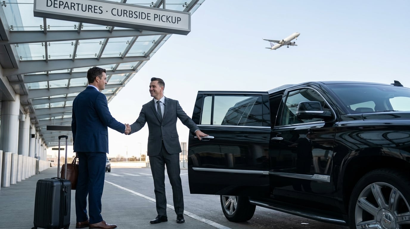Professional chauffeur in dark suit opening the door of a black Cadillac Escalade SUV for an executive at airport curbside pickup with a departing airplane overhead