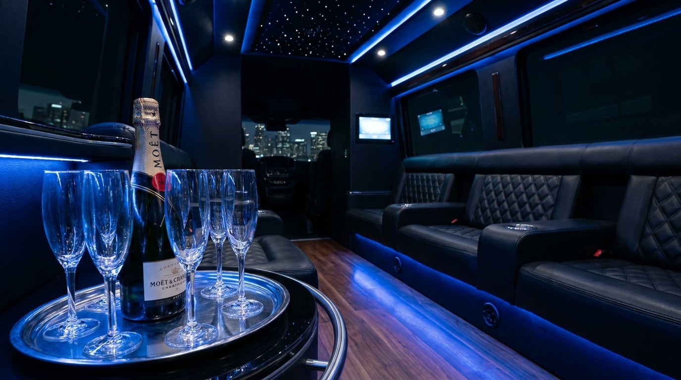 Limousine interior detail with quilted leather seating, hardwood floor, mood lighting, champagne flutes lined on a polished tray, and a touch-screen control panel