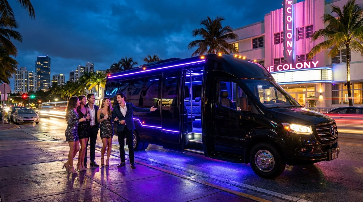 Grupo de amigos en atuendo elegante subiendo a un party bus negro de lujo con luces neón en una calle nocturna de South Beach Miami