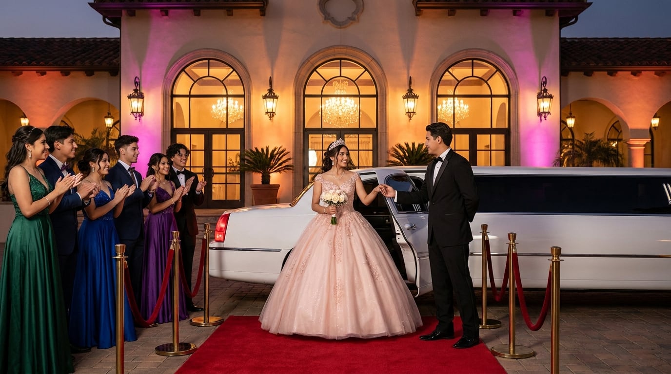 Quinceañera in blush pink gown stepping out of a white stretch limousine onto a red carpet flanked by her chambelán and a clapping court of honor at a luxury venue at night