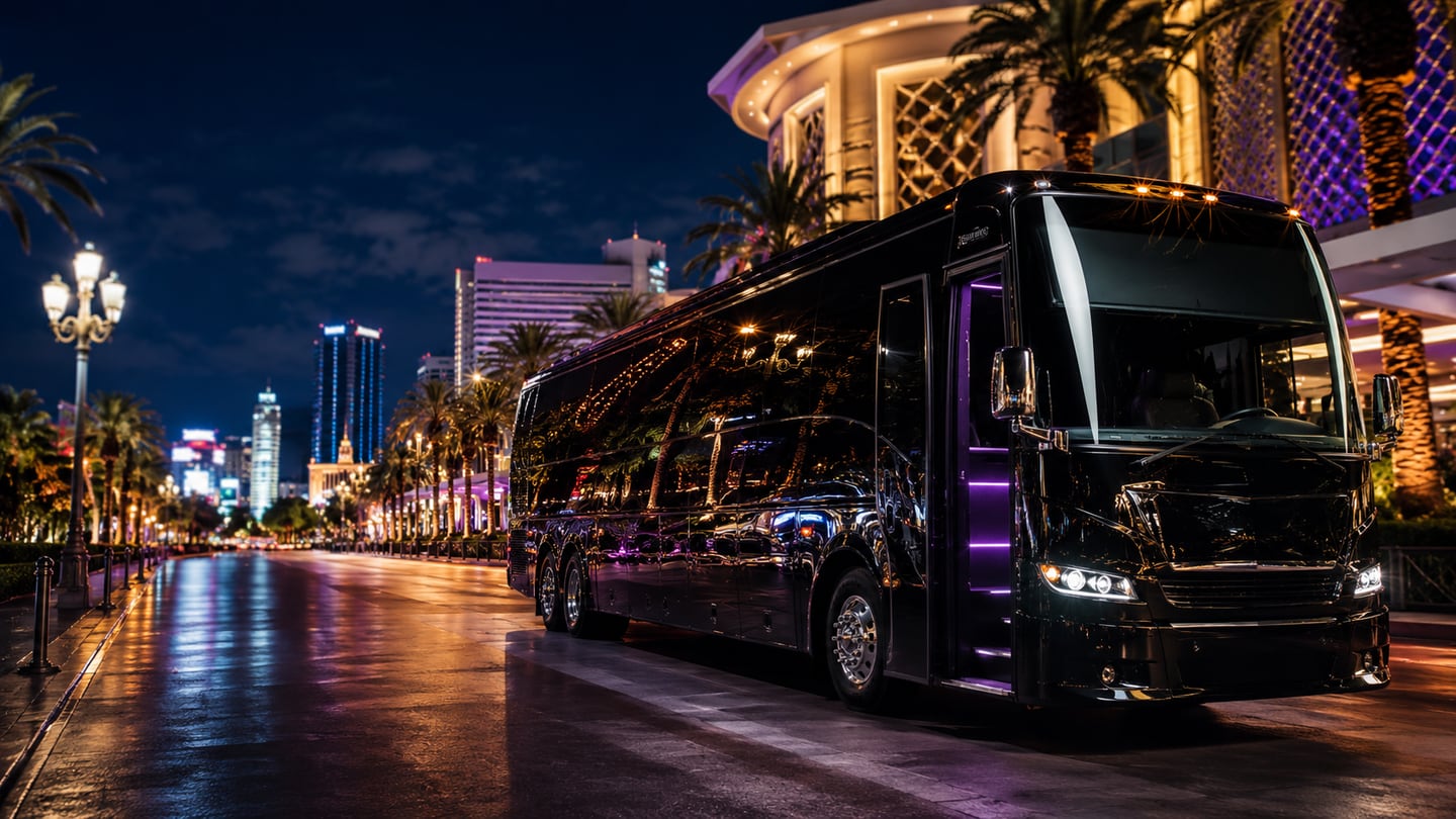 Black luxury party bus parked on the Las Vegas Strip at night with illuminated palm trees, neon hotel facade, and Strip skyline reflecting in wet pavement — VIP nightlife transportation